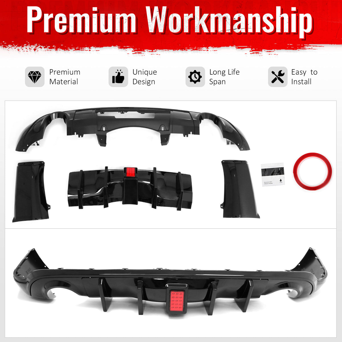 For 11-26 Dodge Durango Gloss Black Rear Bumper Diffuser w/ Red LED Brake Light