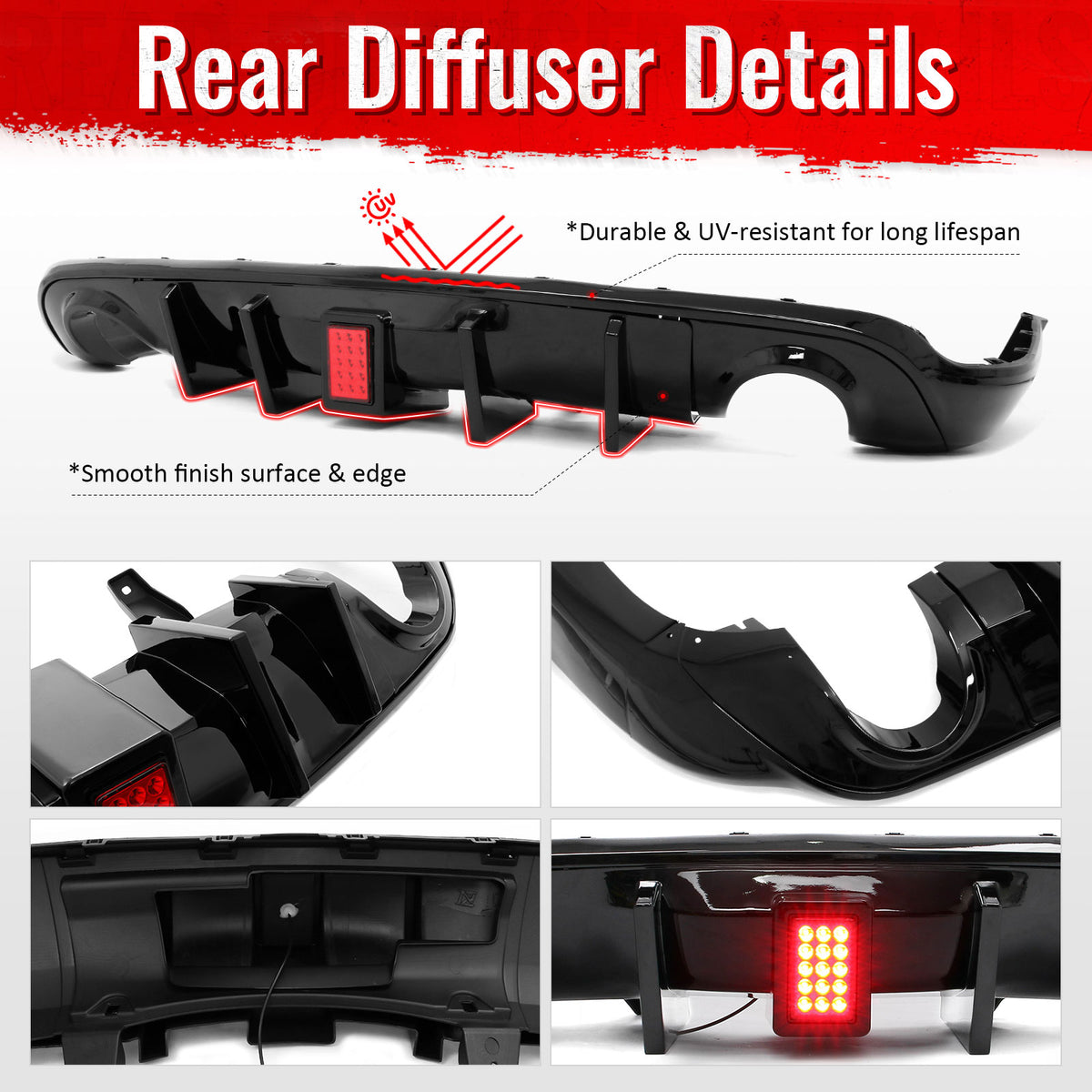 For 11-26 Dodge Durango Gloss Black Rear Bumper Diffuser w/ Red LED Brake Light