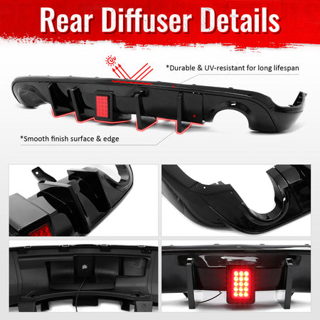 For 11-26 Dodge Durango Gloss Black Rear Bumper Diffuser w/ Red LED Brake Light
