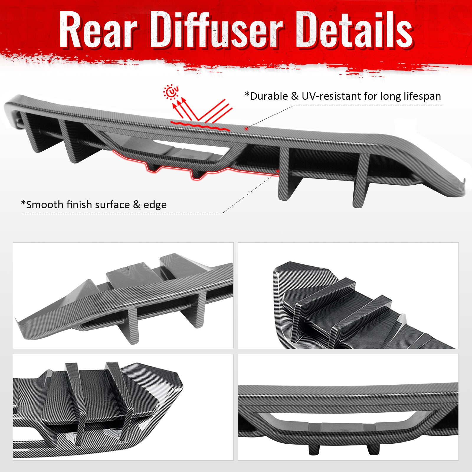 Fits 18-23 Ford Mustang Ecoboost IKON Rear Bumper Diffuser PP Carbon Fiber Print