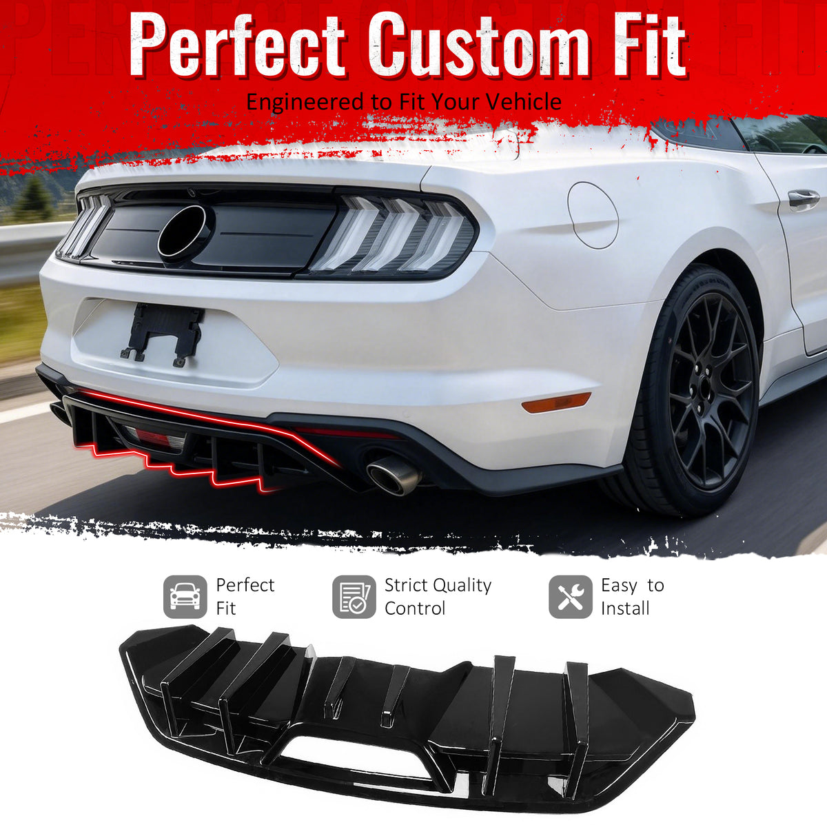 IKON MOTORSPORTS Rear Diffuser, Compatible with 2018-2023 Ford Mustang Ecoboost & Ecoboost Premium, IKON Style Gloss Black PP Shark Fin Rear Bumper Valance Spoiler, Air Dam Chin Splitter Molding
