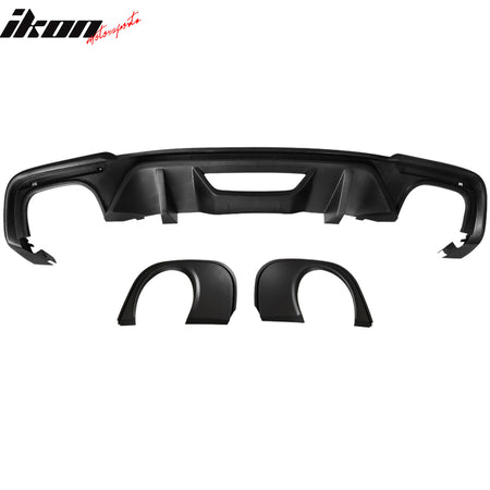 Rear Diffuser Compatible With 2018-2023 Ford Mustang, GT Style Matte Black Factory Textured PP Polypropylene Bumper Lip W/ Single Outlet Style Muffler Tip By IKON MOTORSPORTS
