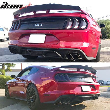 IKON MOTORSPORTS, Rear Diffuser Compatible With 2018-2023 Ford Mustang GT Only, GT350 Style Matte Black PP Polypropylene Rear Bumper Lip Spoiler