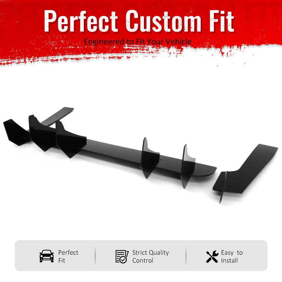 IKON MOTORSPORTS Rear Diffuser, Compatible with 2024-2026 Ford Mustang S650 EcoBoost & GT (Not Fit Dark Horse), Gloss Black PP Shark Fin Rear Bumper Valance Spoiler, Air Dam Chin Splitter Molding 3PCS