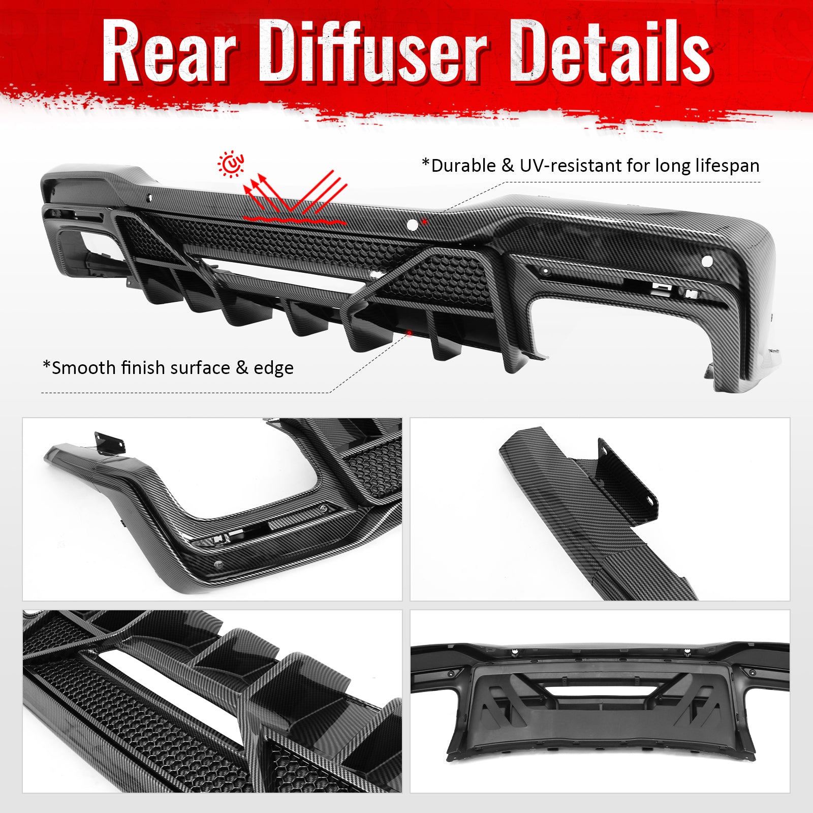 Fits 24-26 Ford Mustang Shelby Super Snake Rear Diffuser Carbon Fiber Print