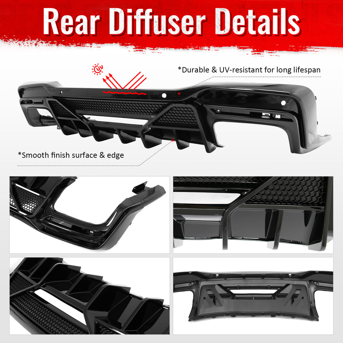Fits 24-26 Ford Mustang V6/GT Shelby Super Snake Style Rear Diffuser Gloss Black