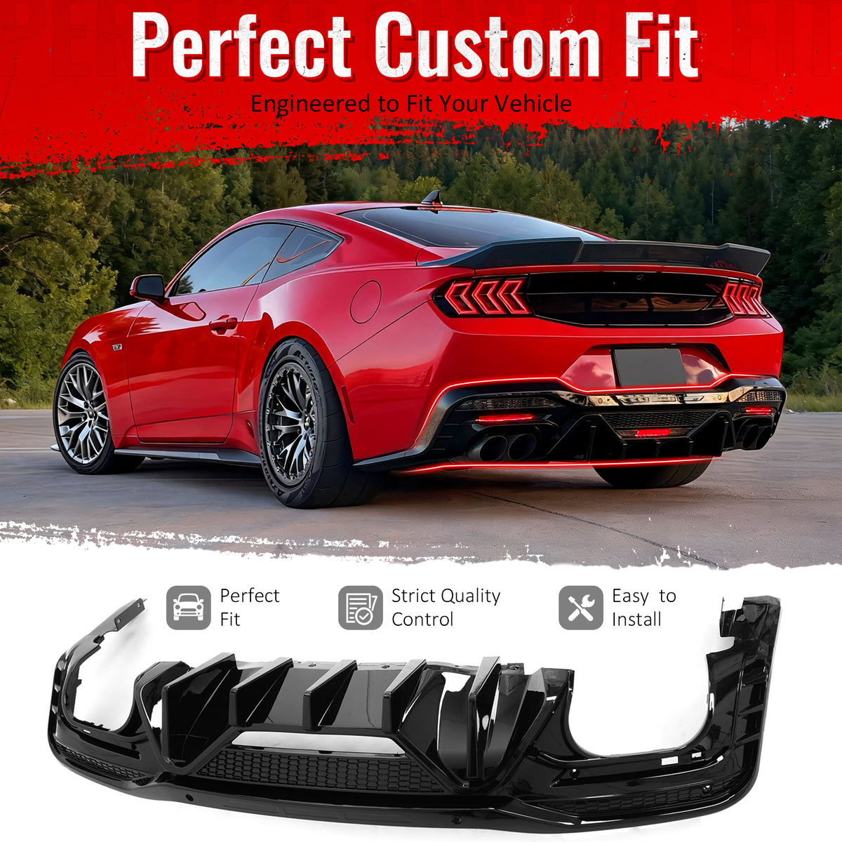 Fits 24-26 Ford Mustang V6/GT Rear Bumper Diffuser Speed Style Gloss Black Lip