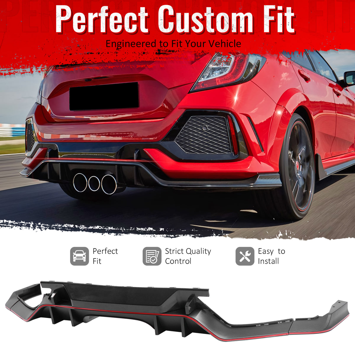 IKON MOTORSPORTS Rear Bumper Diffuser Coversion Kit Compatible With 2017-2021 Honda Civic Hatchback, Rear Bumper Lip TR Black PP 10th Gen Air Dam Protection Body Kits