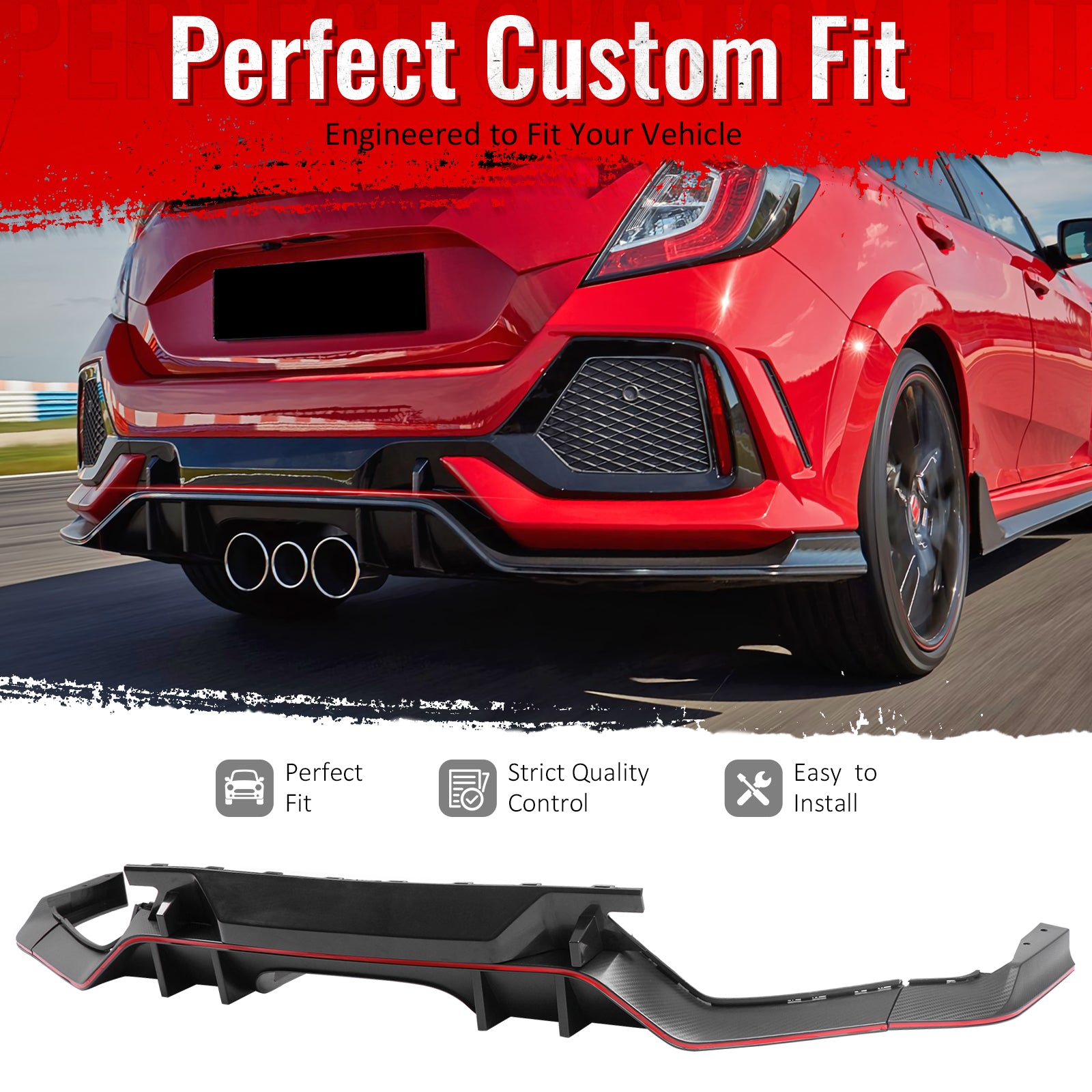 IKON MOTORSPORTS Rear Bumper Diffuser Coversion Kit Compatible With 2017-2021 Honda Civic Hatchback, Rear Bumper Lip TR Black PP 10th Gen Air Dam Protection Body Kits