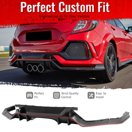 IKON MOTORSPORTS Rear Bumper Diffuser Coversion Kit Compatible With 2017-2021 Honda Civic Hatchback, Rear Bumper Lip TR Black PP 10th Gen Air Dam Protection Body Kits