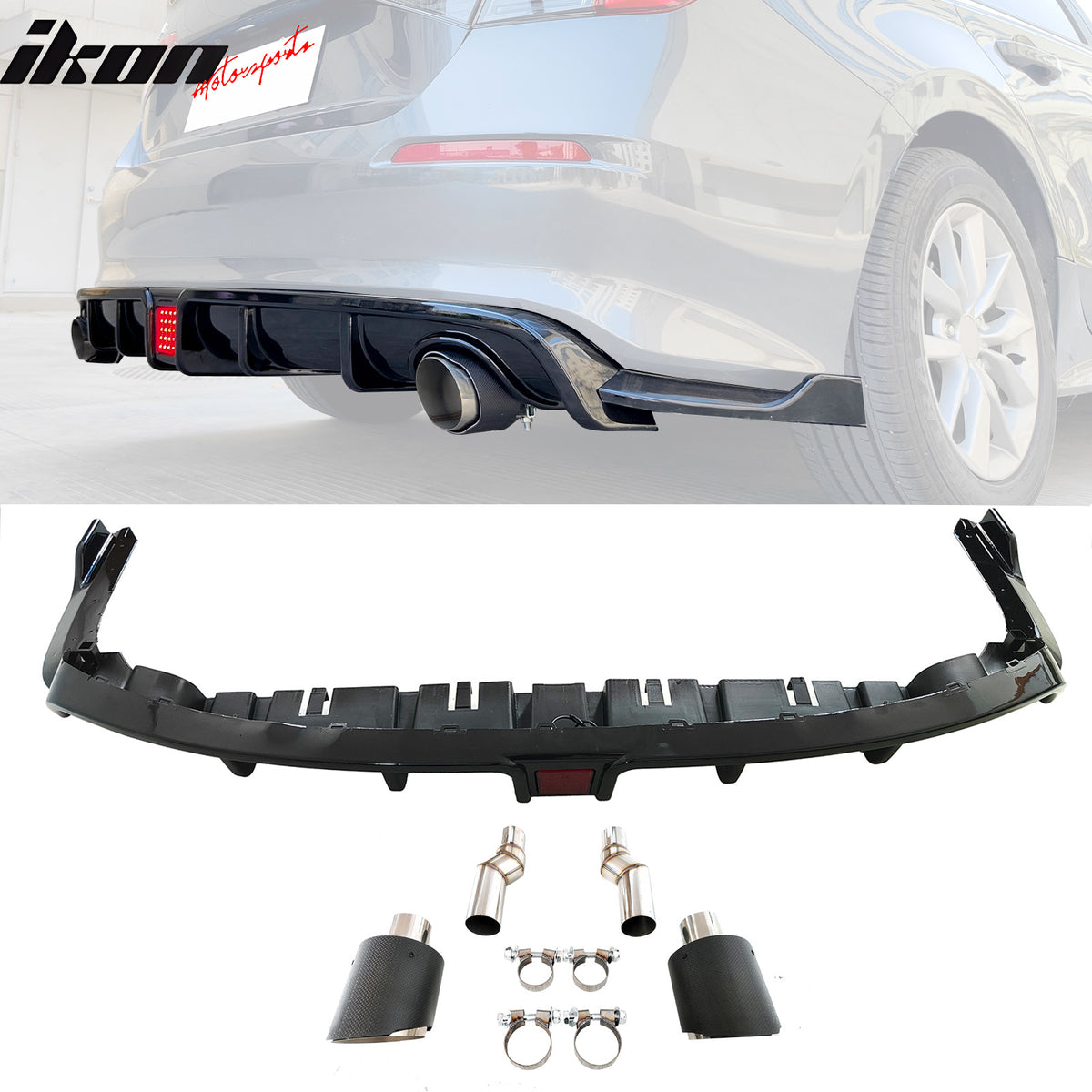 IKON MOTORSPORTS Rear Diffuser W/LED Brack Light + Dual Exhaust Tips, Compatible with 2022-2024 Honda Civic EX/Touring/Si Sedan, IKON Style PP Shark Fin Rear Bumper Valance Spoiler 3PCS