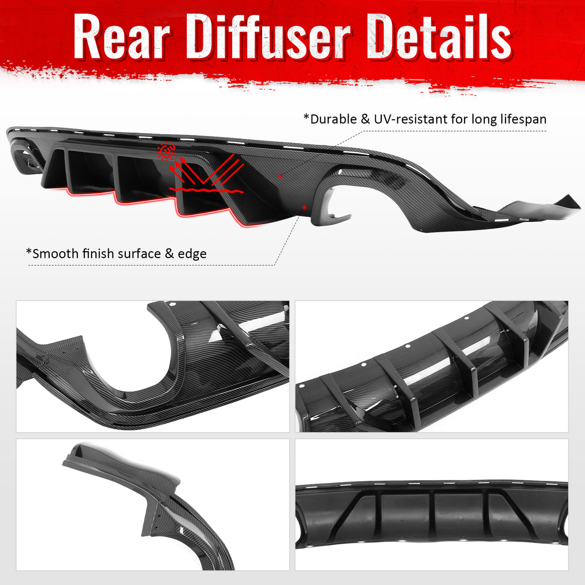 Fits 12-21 Jeep Grand Cherokee SRT V1 Shark Fin Rear Diffuser Carbon Fiber Print