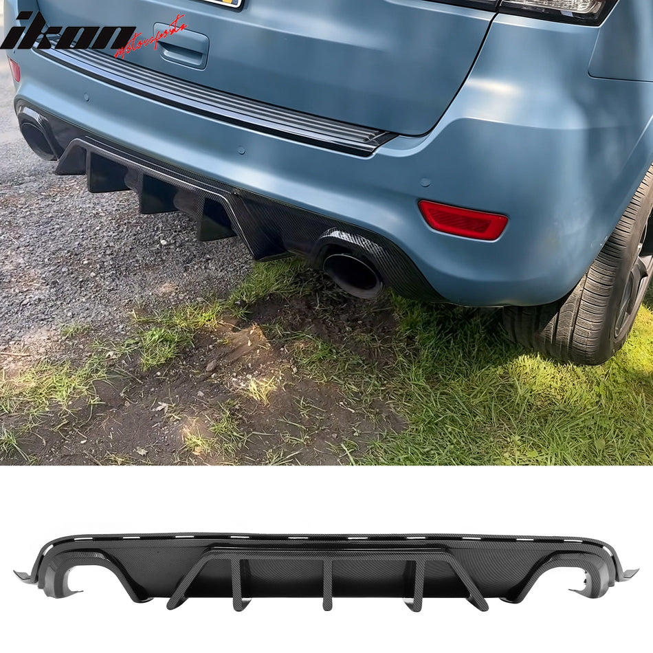 2012-2021 Jeep Grand Cherokee SRT & SRT8 3PCS Rear Bumper Lip Diffuser Lower Valance Auto Parts V1 Shark Fin Style Carbon Fiber Print PP Polypropylene