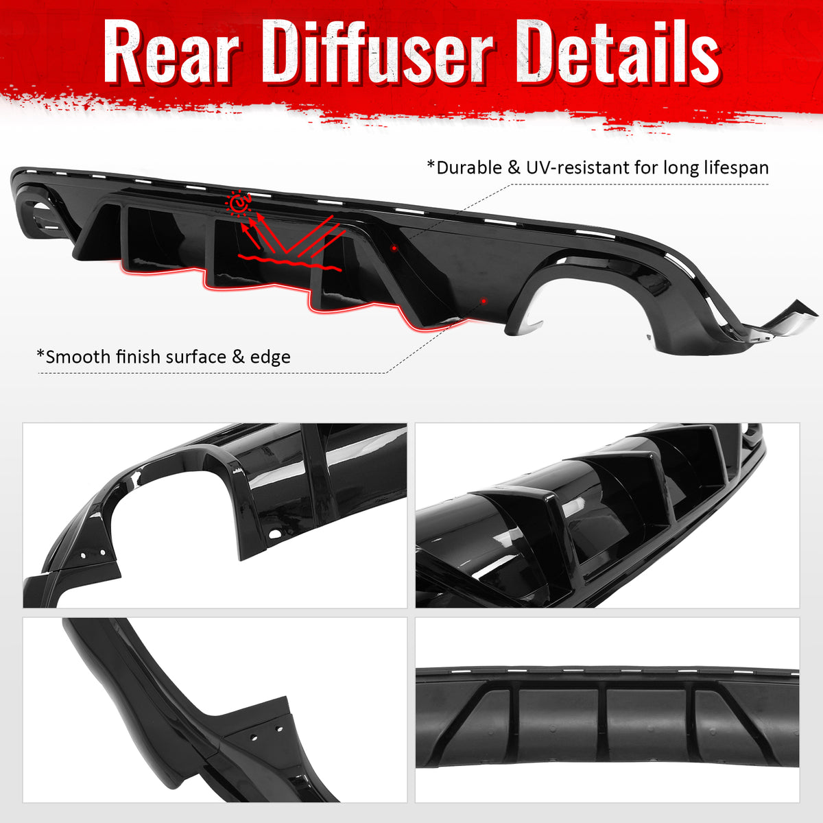Fits 12-21 Jeep Grand Cherokee SRT/SRT8 V1 Shark Fin Rear Diffuser Gloss Black