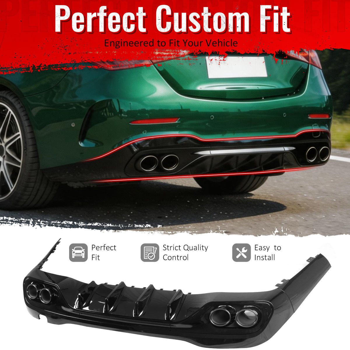 IKON MOTORSPORTS Rear Diffuser w/ Quad Round Exhaust Tips Compatible with 2022-2026 Benz C-Class W206 Sedan C300 C43 C63 AMG, C43 Style Gloss Black Shark Fin Rear Bumper Lip w/ Stainless Steel Tip