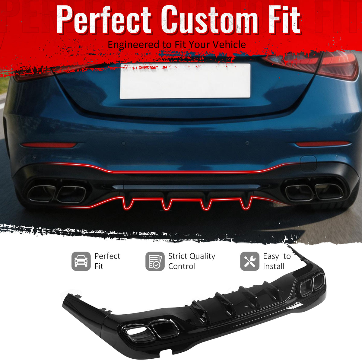 IKON MOTORSPORTS Rear Diffuser w/ Quad Square Exhaust Tips Compatible with 2022-2026 Benz C-Class W206 Sedan C300 C43 C63 AMG, C63 Style Gloss Black Shark Fin Rear Bumper Lip w/ Stainless Steel Tip