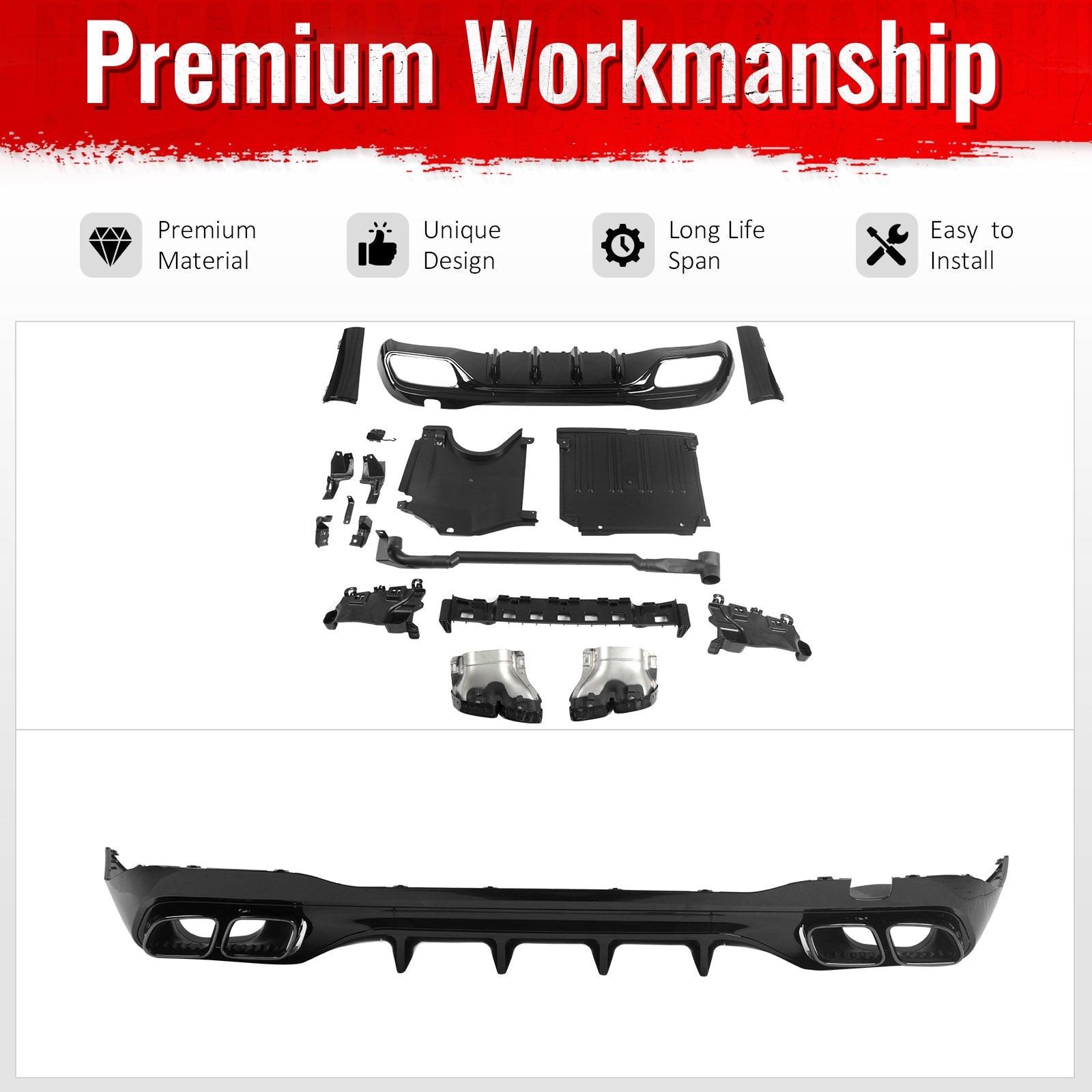 Fits 22-26 Benz C-Class C300 C43 Sedan W206 C63 Style Rear Diffuser Exhaust Tips