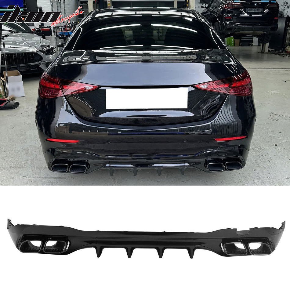 2022-2026 Benz C-Class W206 Sedan C63 Style Gloss Black Rear Diffuser PP + Exhaust Tips