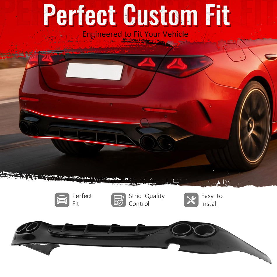 IKON MOTORSPORTS Rear Diffuser w/ Quad Round Exhaust Tips Compatible with 2024-2026 Benz E-Class W214 Sedan (E350 E450), W214 AMG E53 Style Gloss Black Shark Fin Rear Bumper Lip w/ Stainless Steel Tip