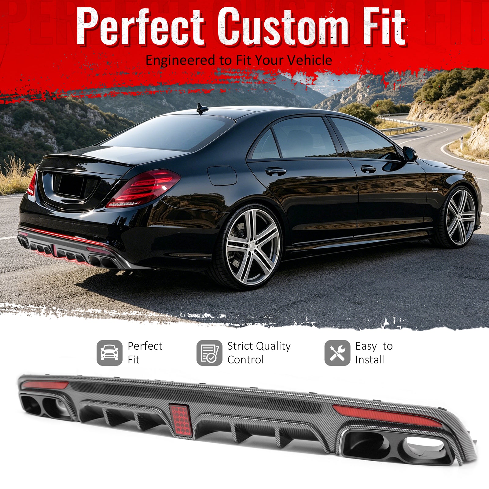 For 2014-2017 Benz S-Class W222 V222 Rear Diffuser Carbon Fiber Print PP