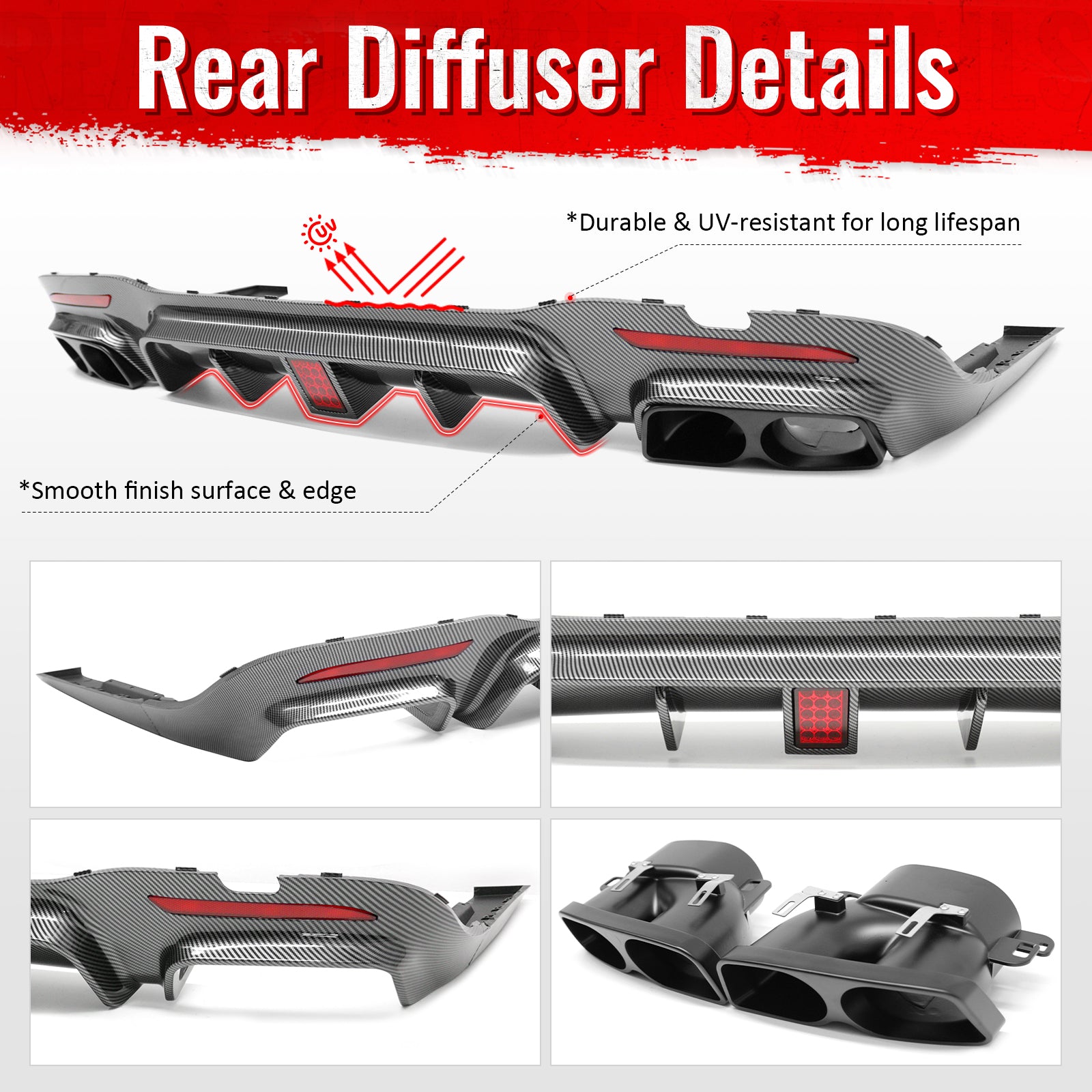 Fits 18-20 Benz S-Class W222 Carbon Fiber Print BS Style Rear Diffuser & Exhaust