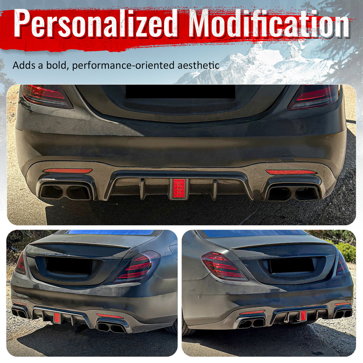 Fits 18-20 Benz S-Class W222 Carbon Fiber Print BS Style Rear Diffuser & Exhaust
