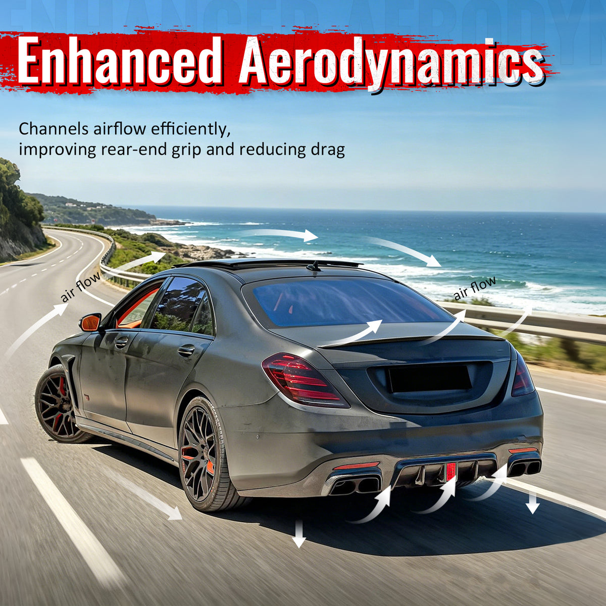 Fits 18-20 Benz S-Class W222 Carbon Fiber Print BS Style Rear Diffuser & Exhaust