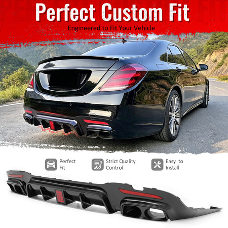 For 2018-2020 Benz S-Class W222 V222 Rear Bumper Diffuser Gloss Black PP