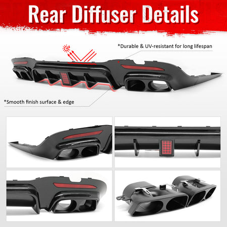 Fits 18-20 Benz S-Class W222 V222 Gloss Black BS Style Rear Diffuser & Exhaust