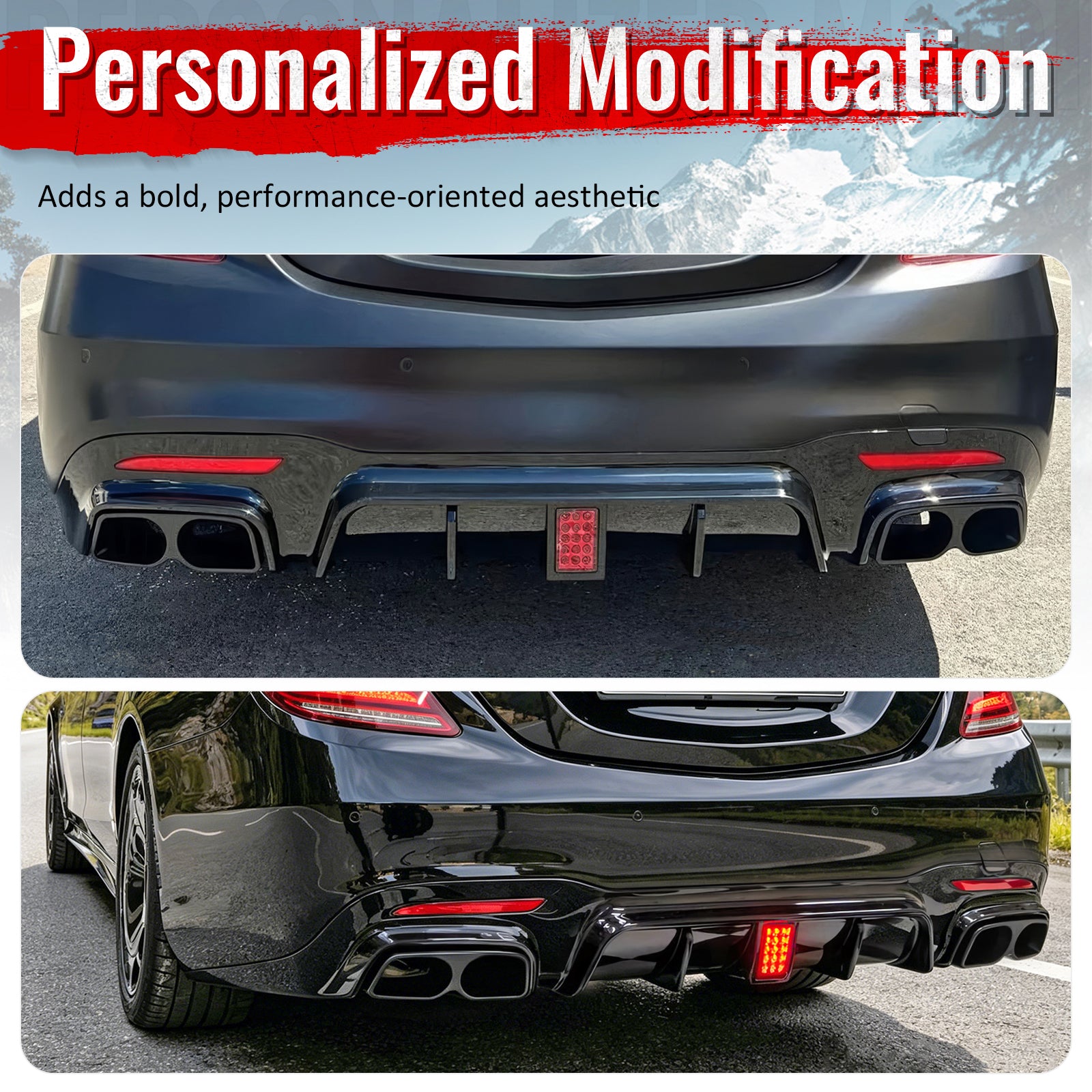 Fits 18-20 Benz S-Class W222 V222 Gloss Black BS Style Rear Diffuser & Exhaust