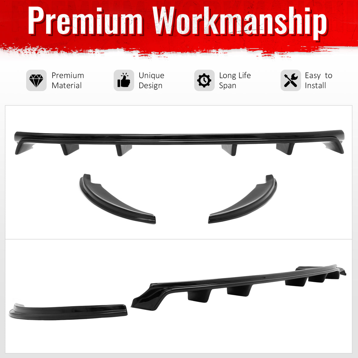 Fits 23-26 Toyota Prius/Prius Prime AR Style Rear Diffuser + Aprons Gloss Black