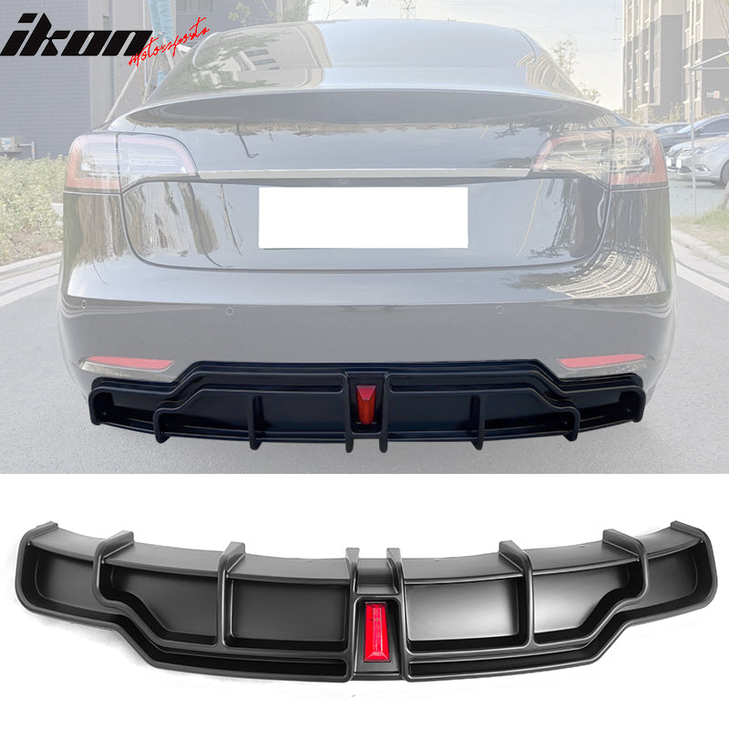 IKON MOTORSPORTS, Rear Diffuser Compatible With 2017-2023 Tesla Model 3 Sedan 4-Door, IKON Style PP Bumper Lip With Lamp