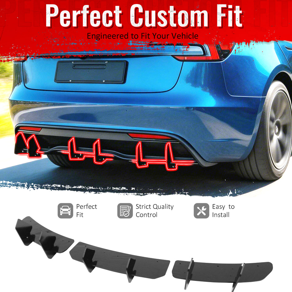 IKON MOTORSPORTS Rear Diffuser, Compatible with 2024-2026 Tesla Model 3 (Not Fit Performance), IKON Style Gloss Black ABS Shark Fin Rear Bumper Valance Spoiler, Air Dam Chin Splitter Molding 3PCS