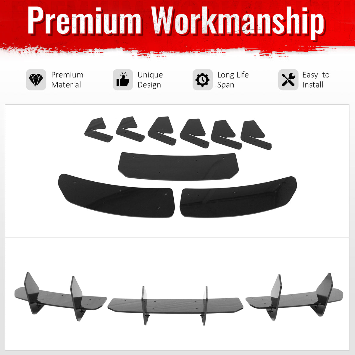 Fits 24-26 Tesla Model 3 IKON Rear Bumper Lip Diffuser Shark Fin Gloss Black 3PC