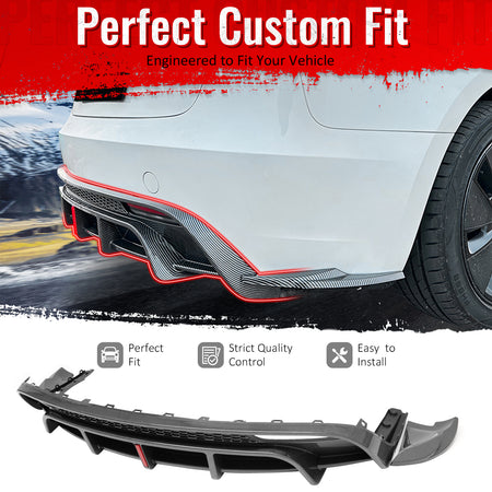 IKON MOTORSPORTS Rear Diffuser W/LED, Compatible with 2024-2026 Tesla Model 3, Carbon Fiber Print PP Polypropylene Shark Fin Rear Bumper Valance Spoiler, Air Dam Chin Splitter Molding