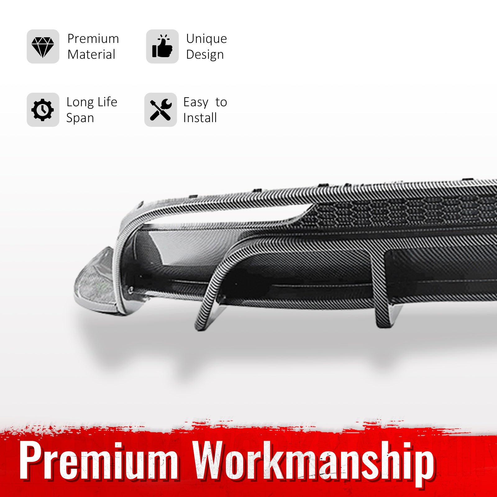 Fits 24-26 Tesla Model 3 Rear Bumper Lip Diffuser W/LED PP Carbon Fiber Print