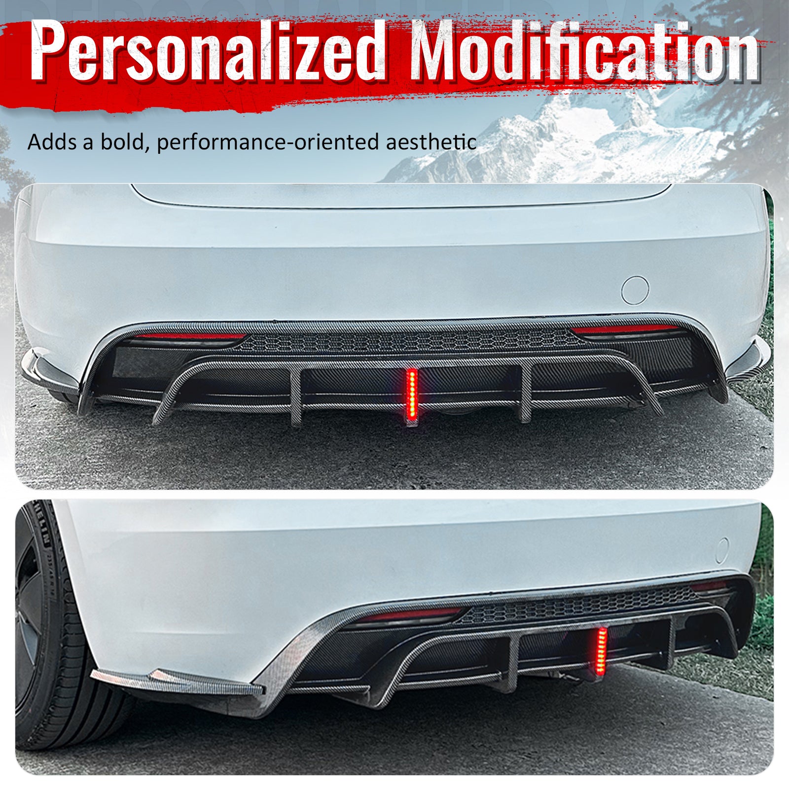 Fits 24-26 Tesla Model 3 Rear Bumper Lip Diffuser W/LED PP Carbon Fiber Print