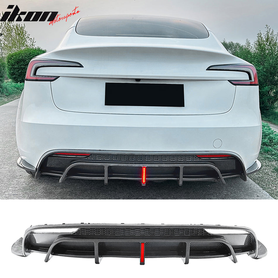 2024-2026 Tesla Model 3 5PCS Rear Bumper Lip Diffuser W/LED Light Lower Valance Exterior Auto Parts Painted Carbon Fiber Print PP Polypropylene