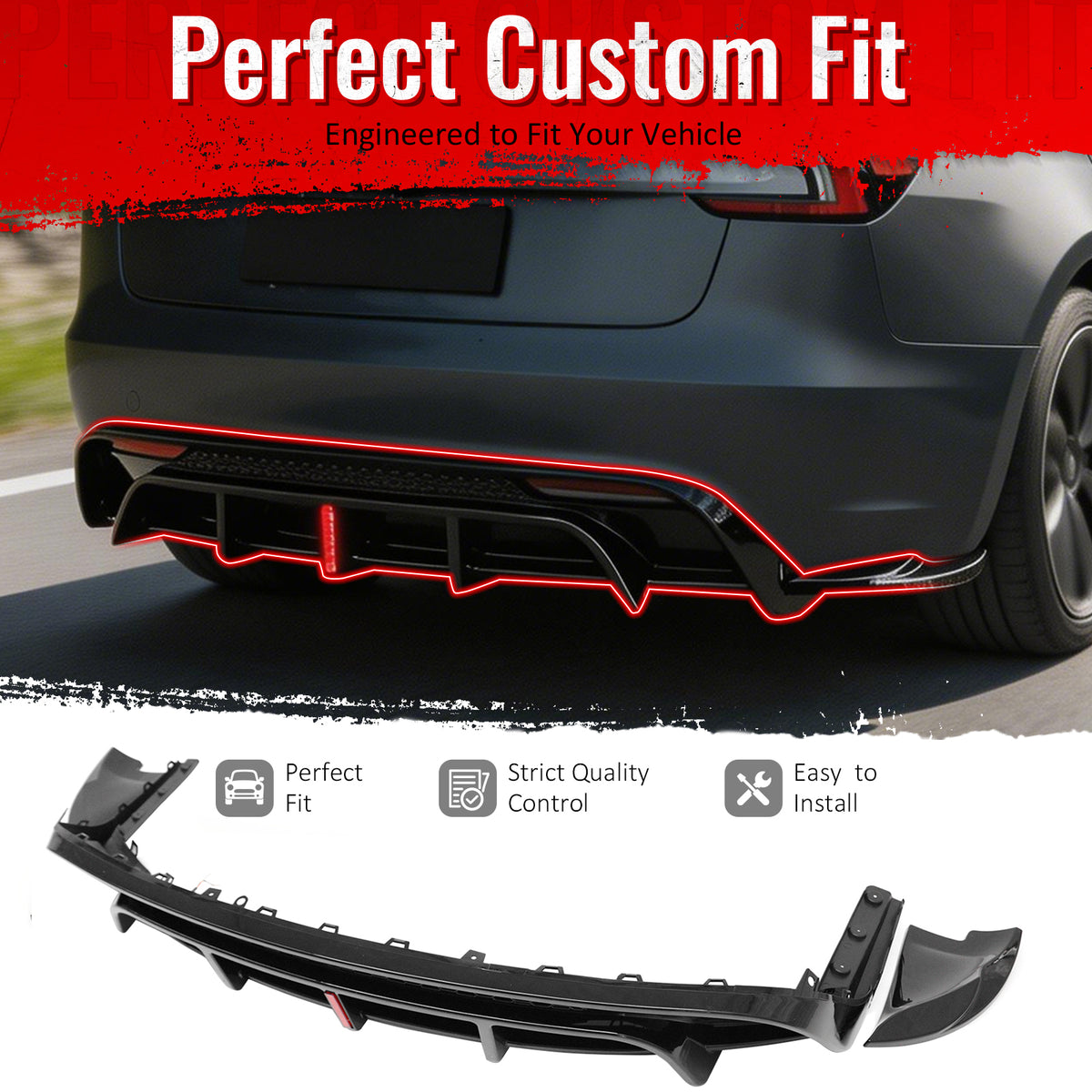 IKON MOTORSPORTS Rear Diffuser W/LED, Compatible with 2024-2026 Tesla Model 3, Gloss Black  PP Polypropylene Shark Fin Rear Bumper Valance Spoiler, Air Dam Chin Splitter Molding