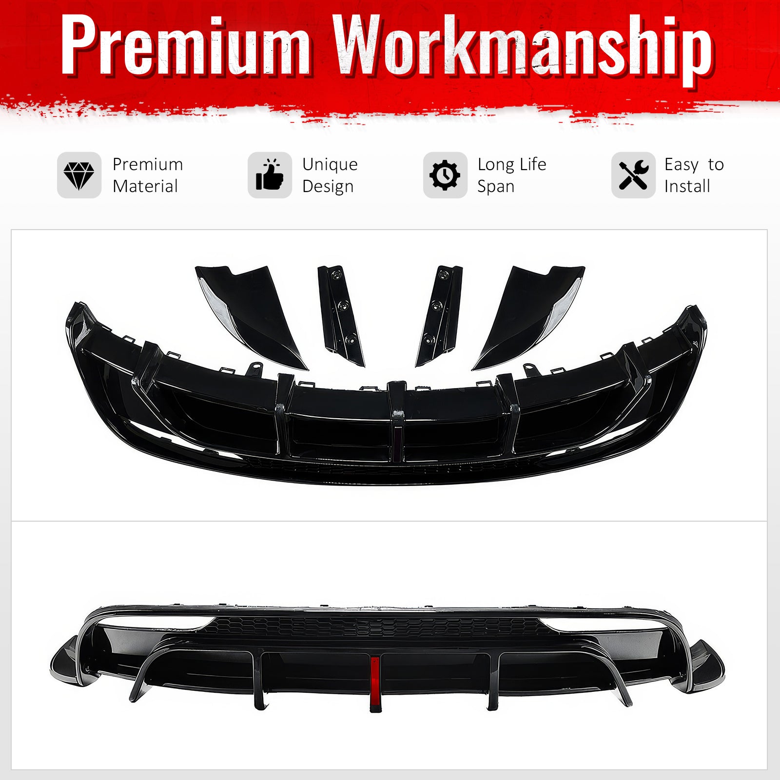 Fits 24-26 Tesla Model 3 Rear Bumper Lip Diffuser Valance W/LED PP Gloss Black