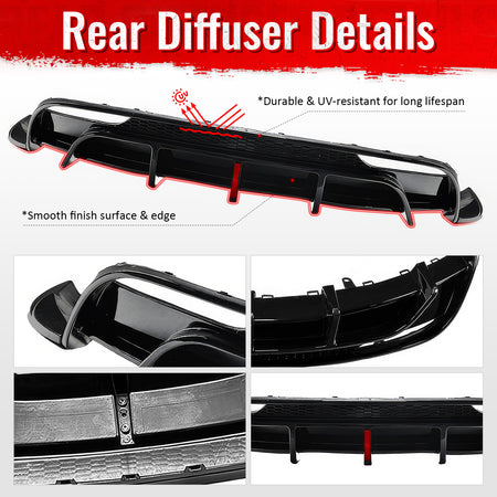 Fits 24-26 Tesla Model 3 Rear Bumper Lip Diffuser Valance W/LED PP Gloss Black