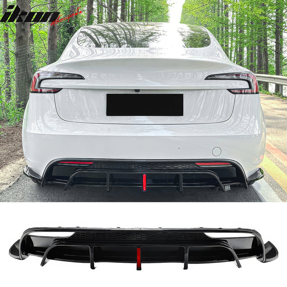 2024-2026 Tesla Model 3 5PCS Rear Bumper Lip Diffuser W/LED Light Lower Valance Exterior Auto Parts Painted Gloss Black PP Polypropylene