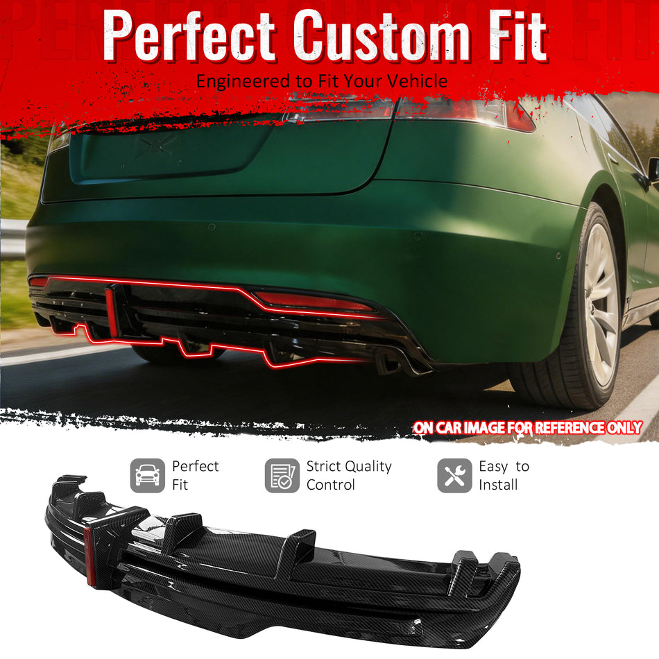 IKON MOTORSPORTS Rear Bumper Lip W/ Brake Light Lamp, Compatible with 2016-2021 Tesla Model S, Carbon Fiber Print PP Shark Fin Rear Lower Spoiler Air Dam Chin Valance Splitter 1PC