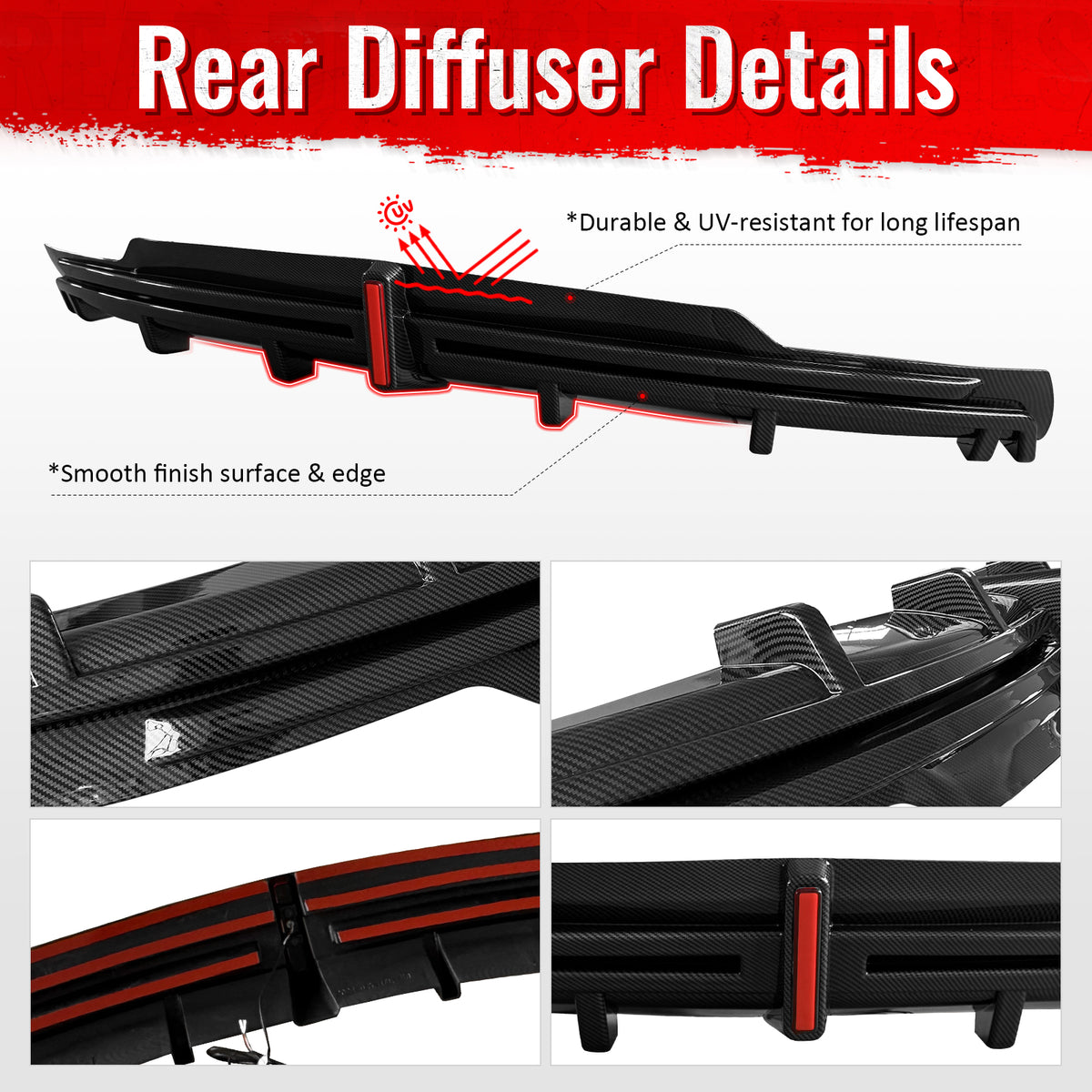 Fits 16-21 Tesla Model S LED Rear Bumper Diffuser W/ Fin PP Carbon Fiber Print