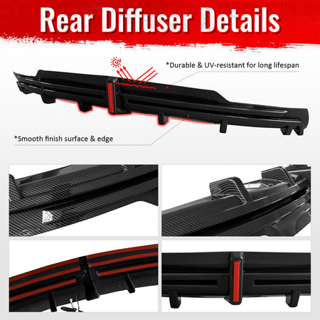 Fits 16-21 Tesla Model S LED Rear Bumper Diffuser W/ Fin PP Carbon Fiber Print
