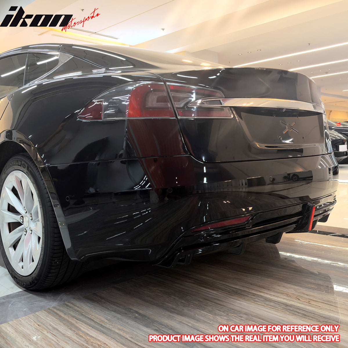 Fits 16-21 Tesla Model S LED Rear Bumper Diffuser Lip W/ 7-Fin PP Gloss Black