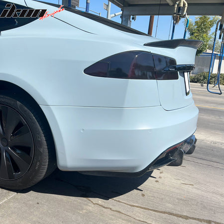 IKON MOTORSPORTS, Rear Bumper Diffuser Lip Compatible With 2021-2023 Tesla Model S Sedan 4-Door, Gloss Black V Style Carbon Fiber Add On Air Dam Rear Lower Bumper Protector Lip, 2022