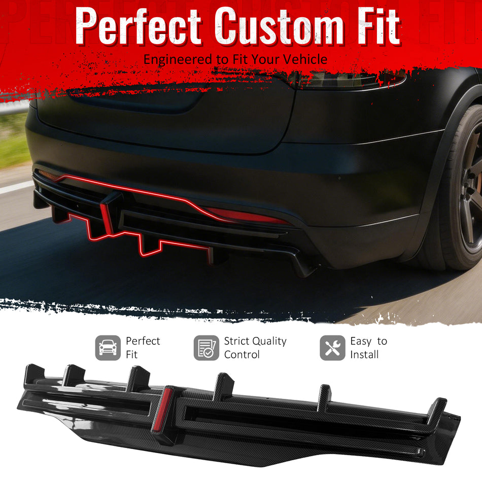 IKON MOTORSPORTS Rear Bumper Lip W/ Brake Light Lamp, Compatible with 2016-2021 Tesla Model X, Carbon Fiber Print PP Shark Fin Rear Lower Spoiler Air Dam Chin Valance Splitter 1PC