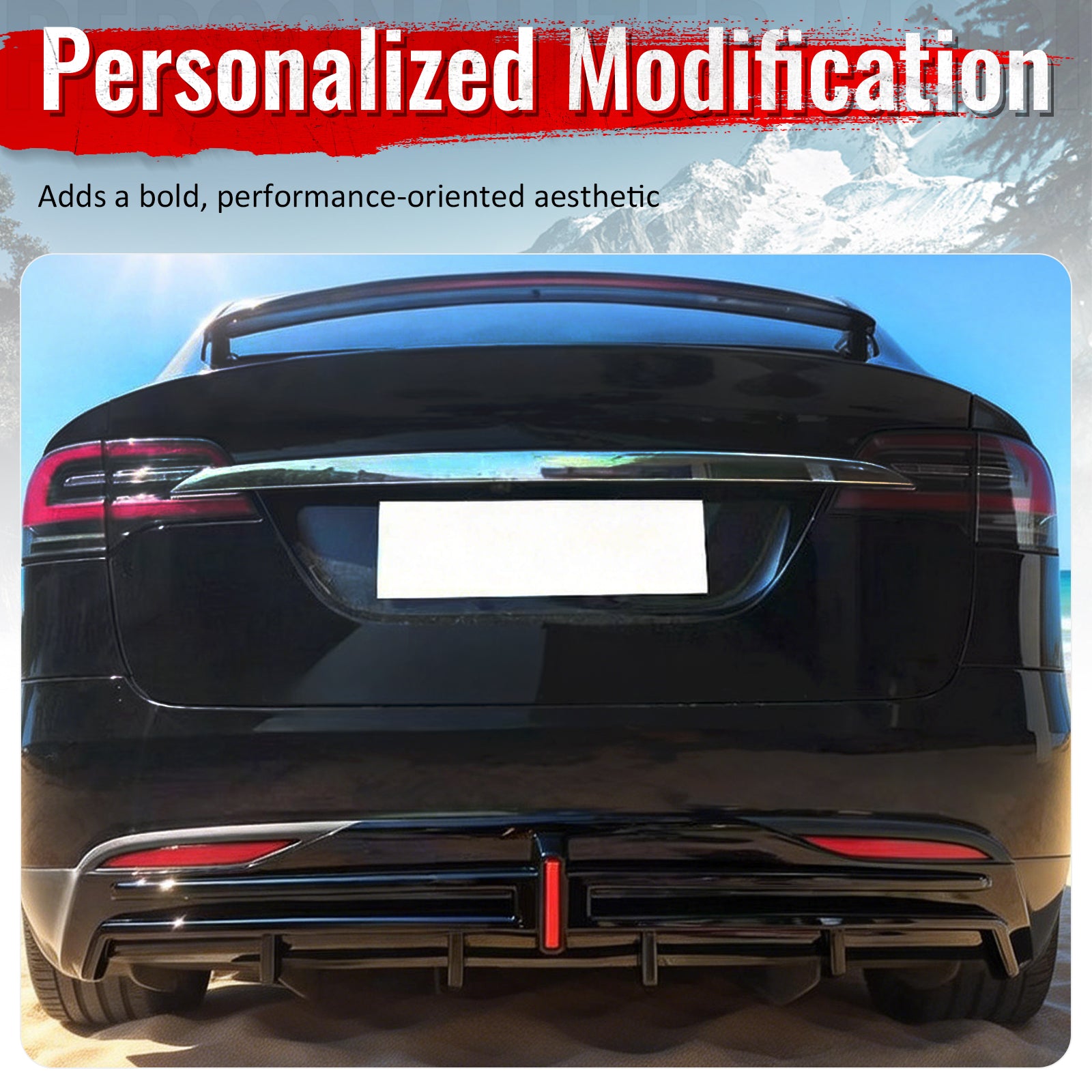 Fits 16-21 Tesla Model X LED Rear Bumper Diffuser Lip W/ 6-Fin PP Gloss Black