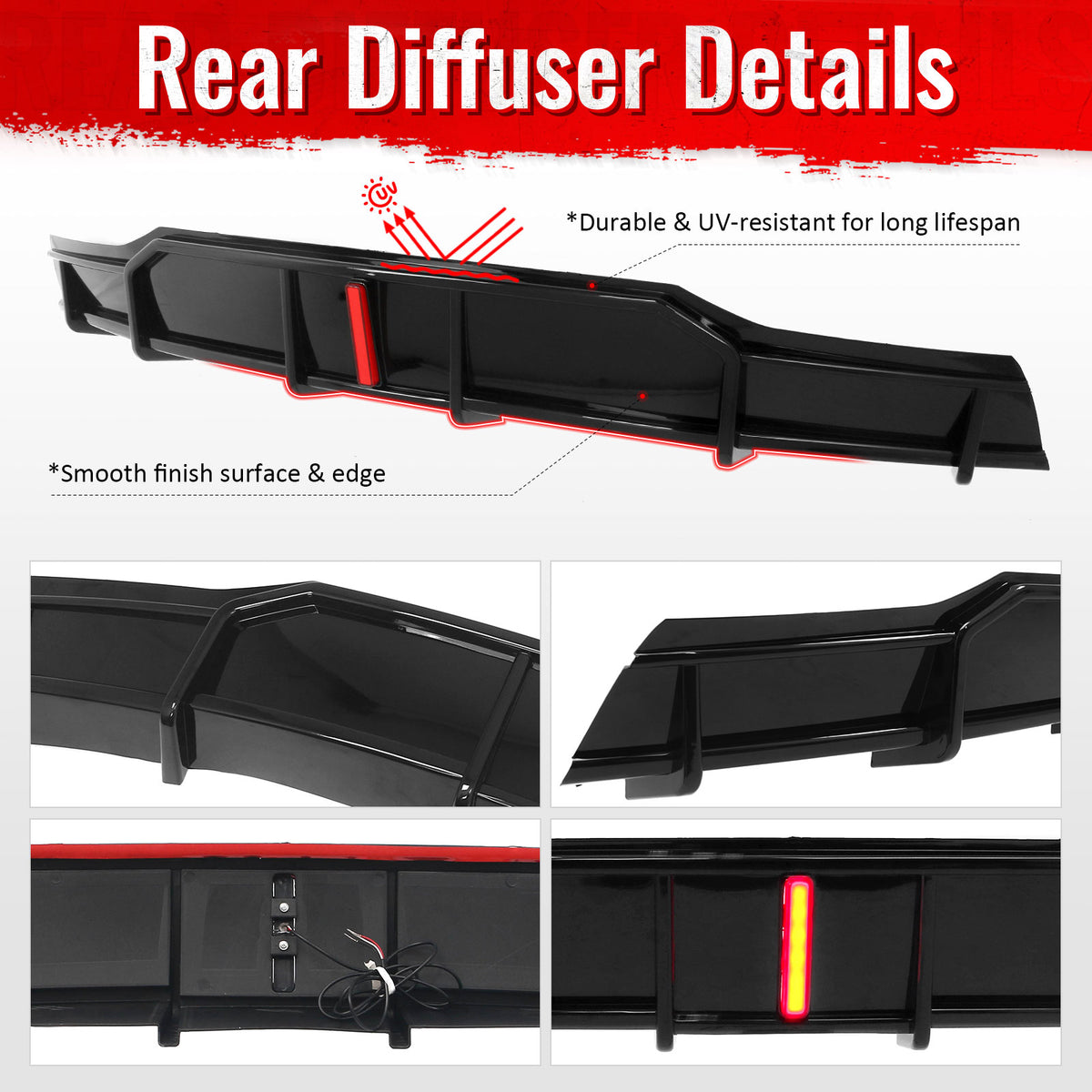 Fits 22-26 Tesla Model X IKON Style Rear Bumper Lip Diffuser W/LED Gloss Black